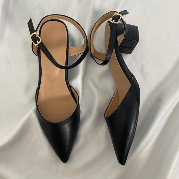 Coquette Black Faux Leather Pointy Toe Block Heel Sling Back Ballerina Heels 8.5 - Picture 1 of 6